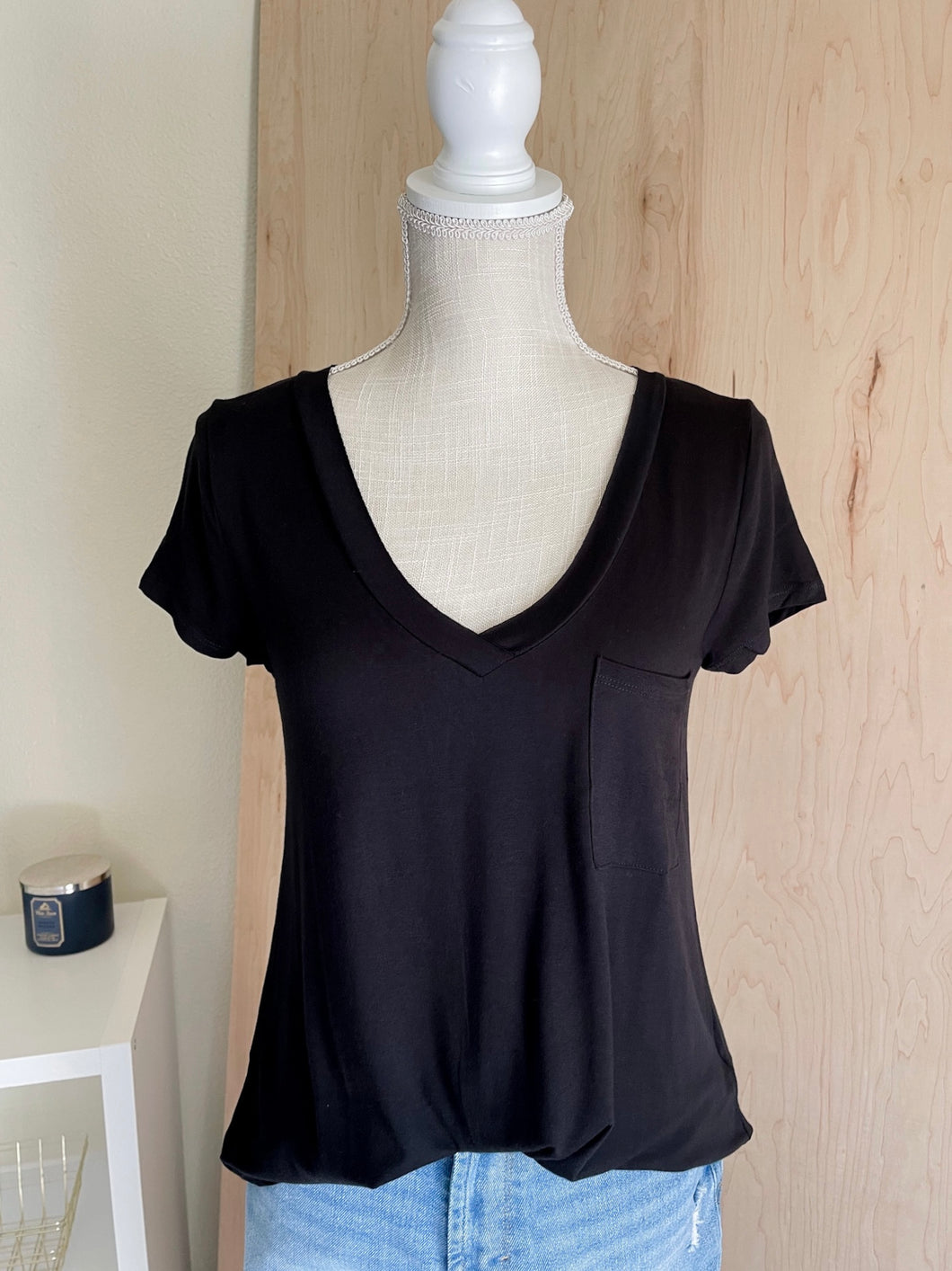 Scooped Hem V-Neck Plus- Black